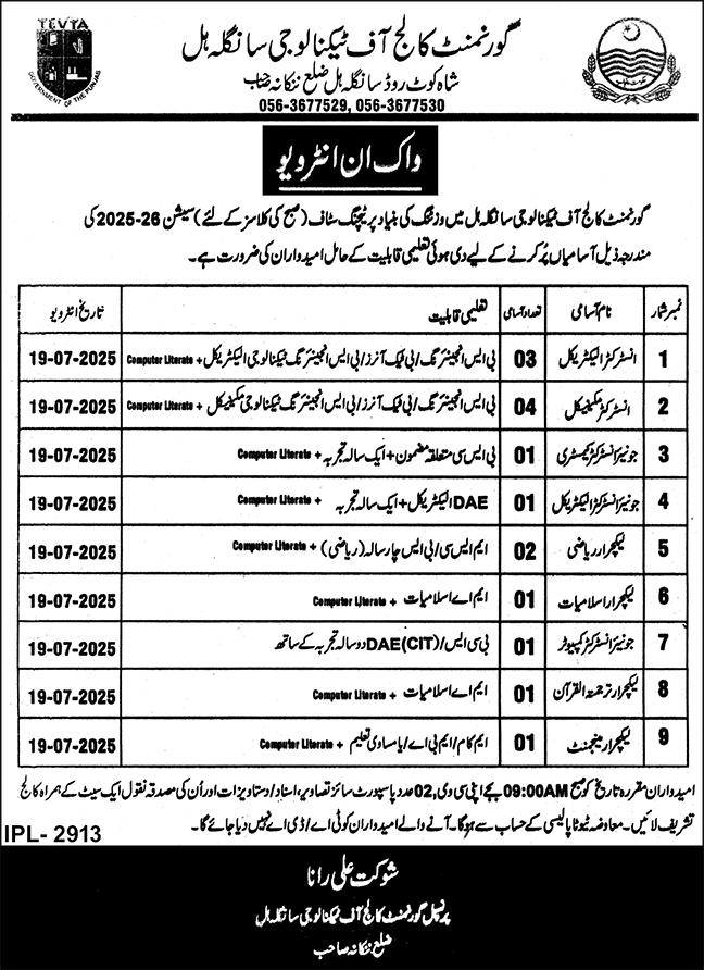 Instructor Jobs in Govt College of Technology Sanghla Hills